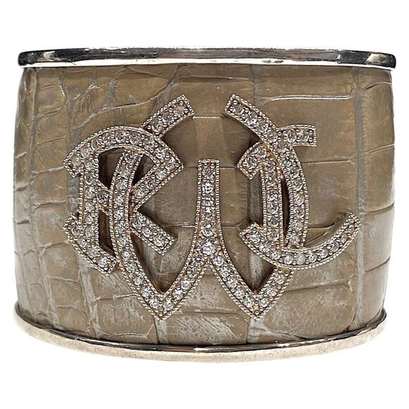 Ralph Lauren *Collection Crystal Monogram Sterling Taupe Alligator Cuff Bracelet - Picture 16 of 17